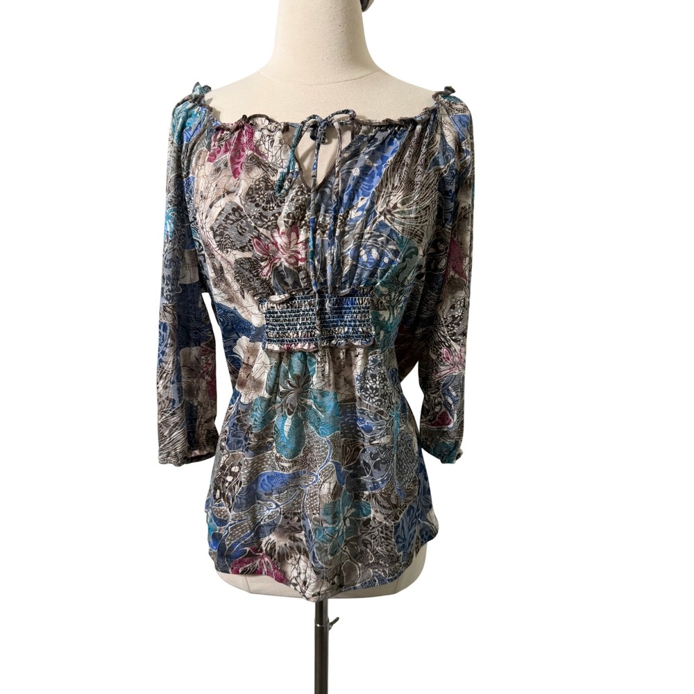 Avenue Blue Floral Smocked Peasant Blouse Off Shoulder Top Plus Size 14/16